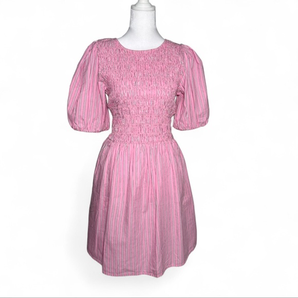 Pink Stripe Smocked Puff Sleeve Fit & Flare Mini Dress NWT L Coquette Barbiecore - Picture 6 of 7
